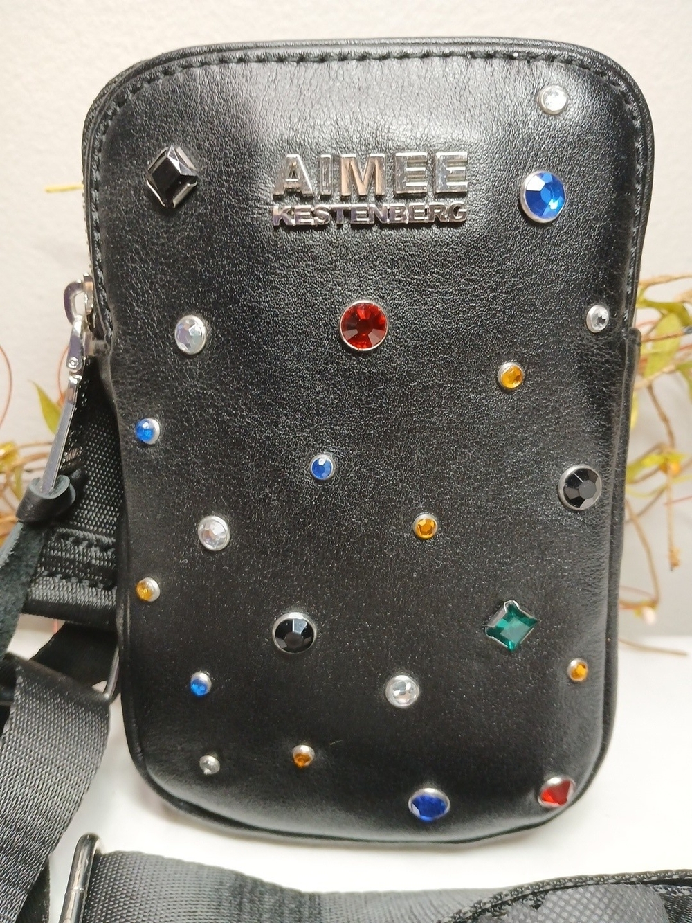 Aimee Kestenberg Black Leather Jeweled Mini Crossbody Handbag